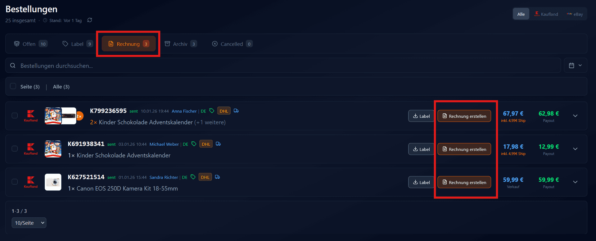 Tab Rechnung mit Rechnung erstellen Button