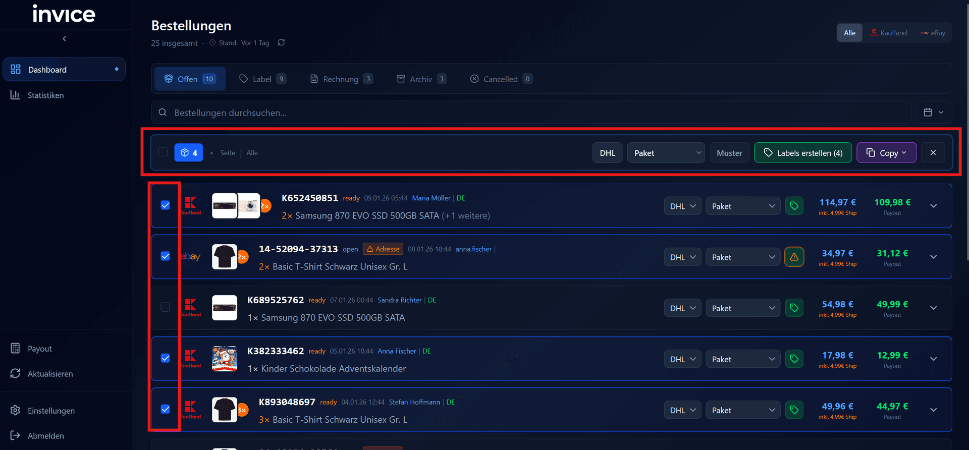 Mehrere Bestellungen ausgewählt mit Bulk-Aktionsleiste
