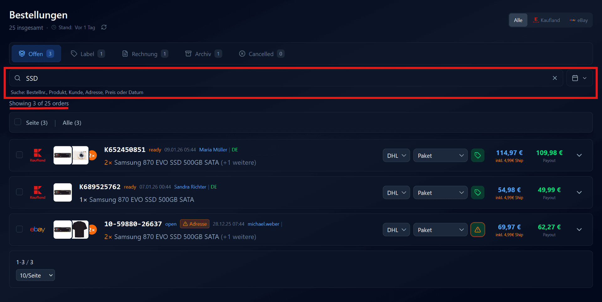 Suchfeld mit gefilterten Ergebnissen