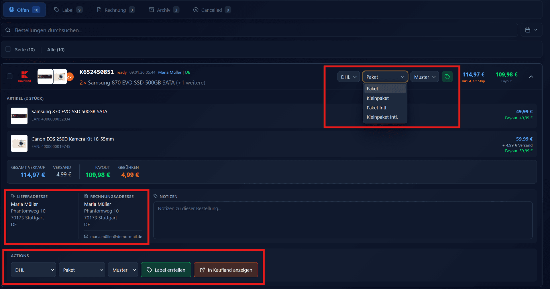 Bestellkarte mit Label-Optionen
