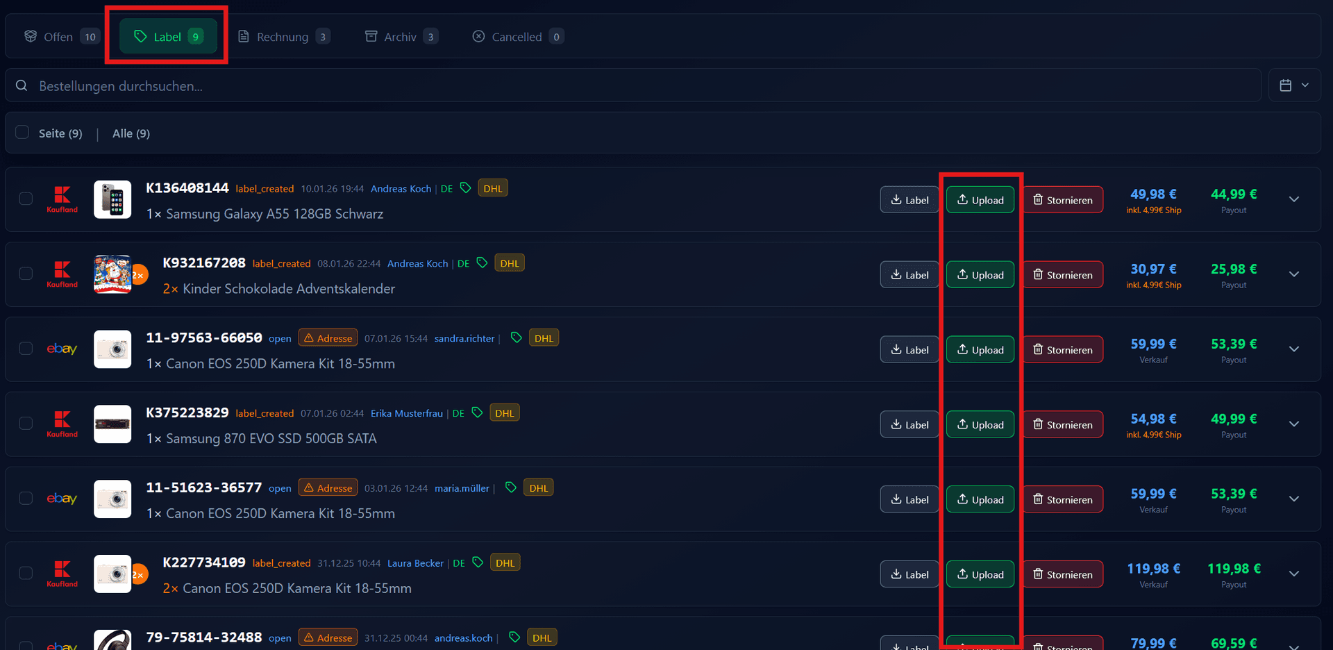 Tab Label mit Tracking hochladen Button