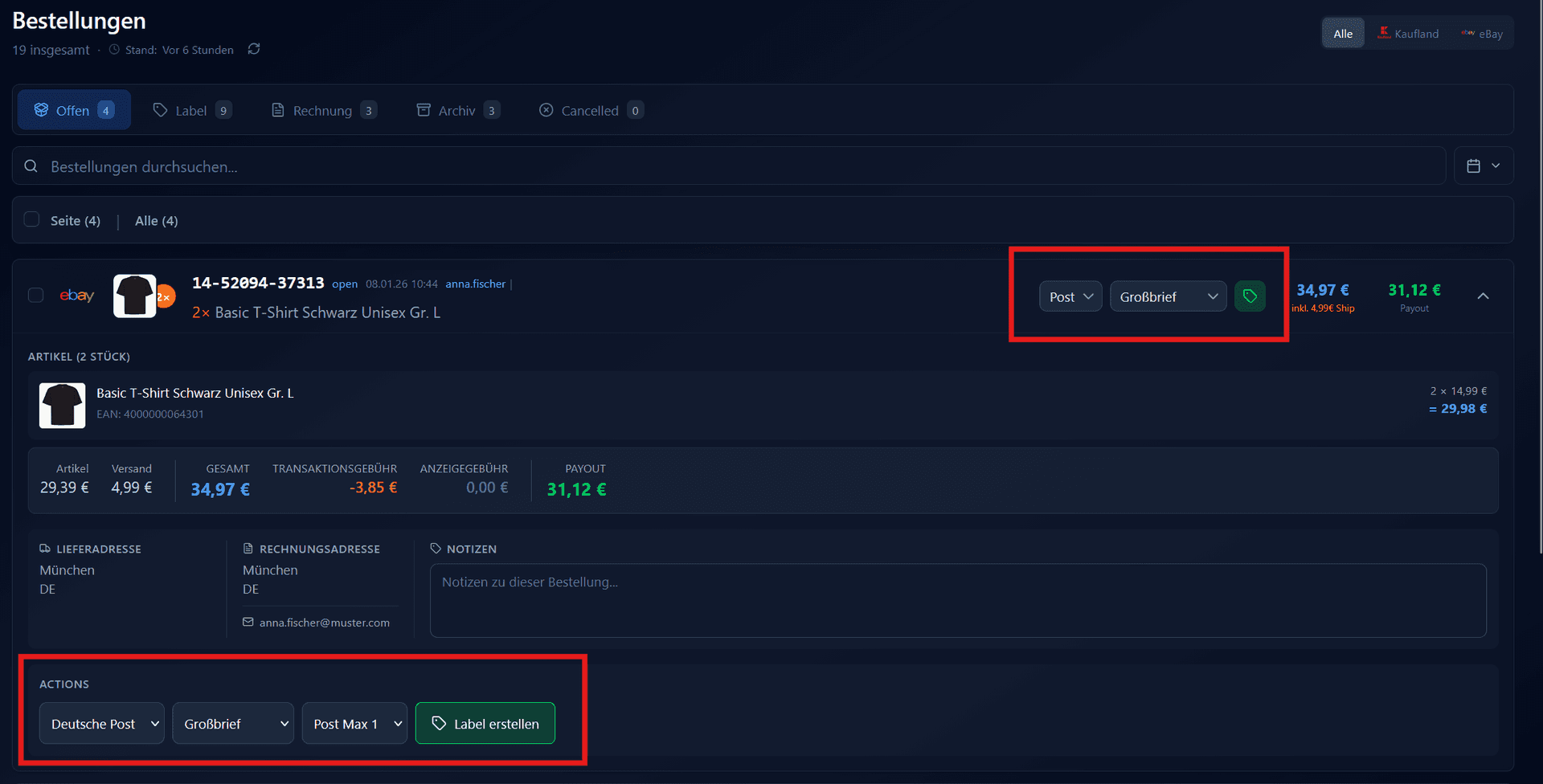Bestellkarte mit Deutsche Post ausgewählt, Produkt-Dropdown geöffnet