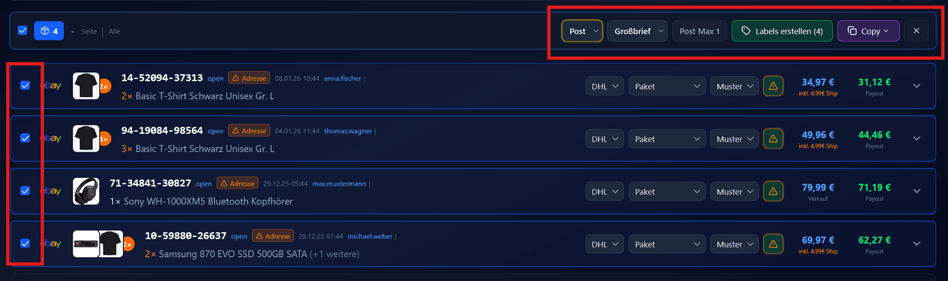 Bulk-Aktionsleiste mit Deutsche Post-Optionen