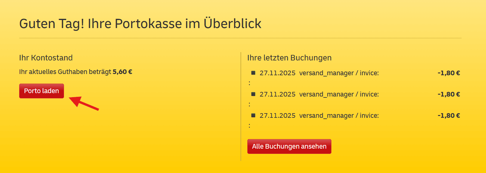 Portokasse Guthaben-Übersicht mit Aufladen-Button