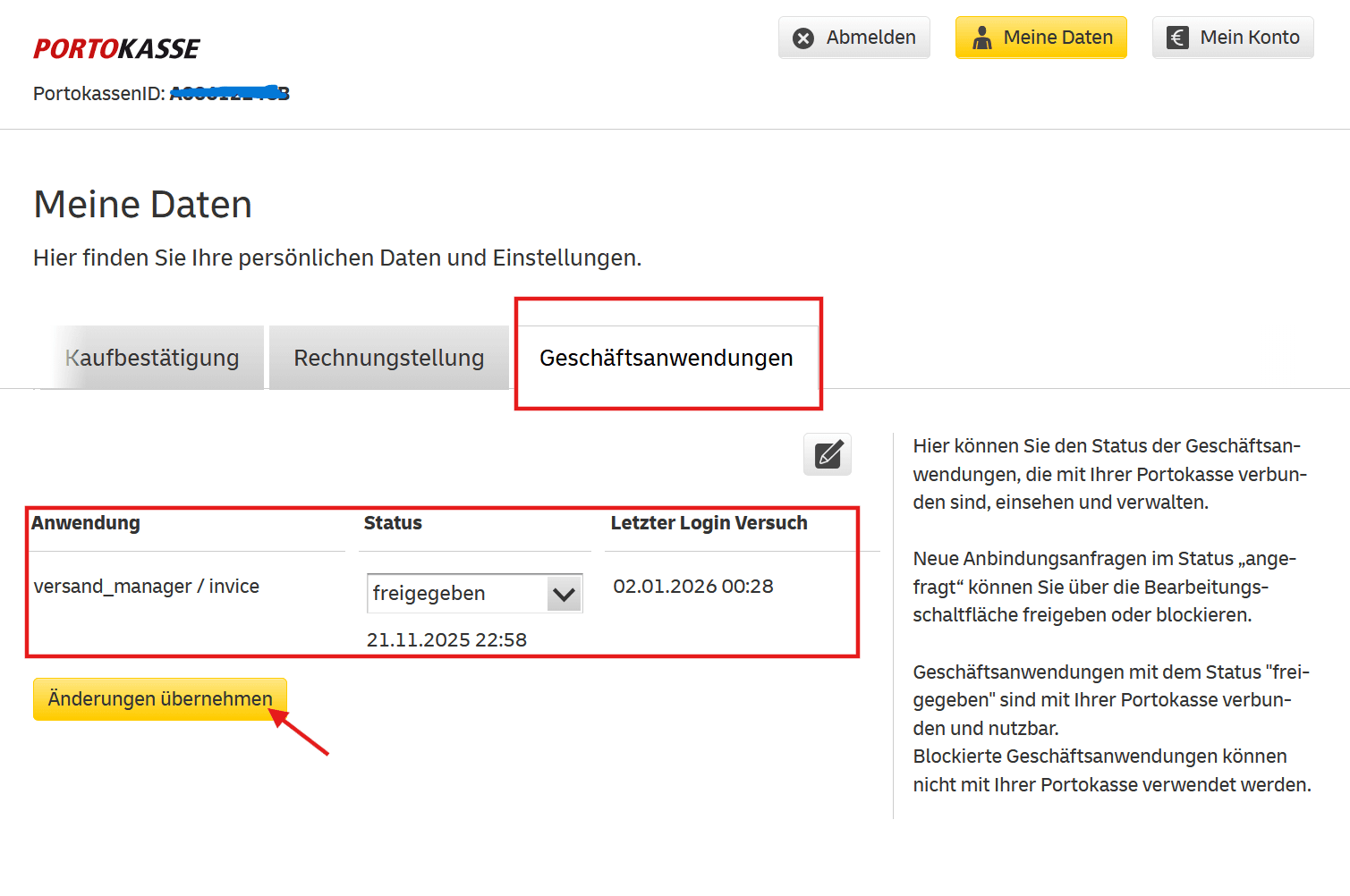 Portokasse Settings: 3rd Party Anwendung wie invice.