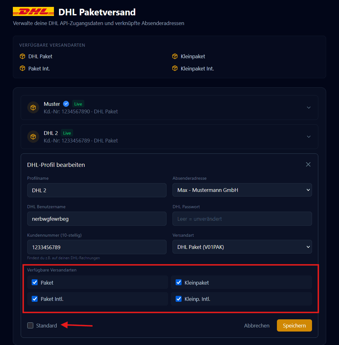 invice Einstellungen: DHL-Bereich mit Zugangsdaten-Feldern und Produktauswahl