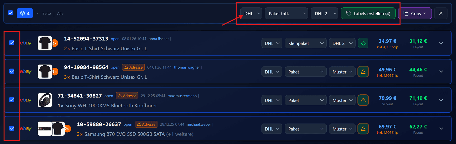 Bulk-Aktionsleiste mit DHL-Optionen für mehrere Bestellungen
