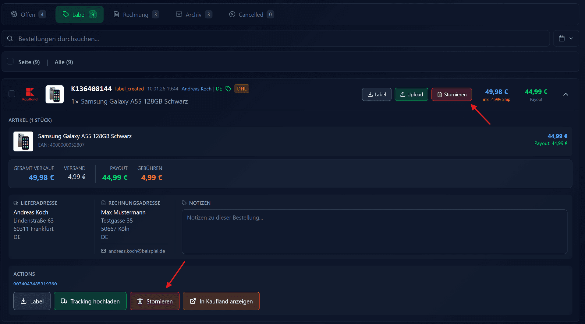 Tab Label mit Bestellung, Label stornieren Button hervorgehoben