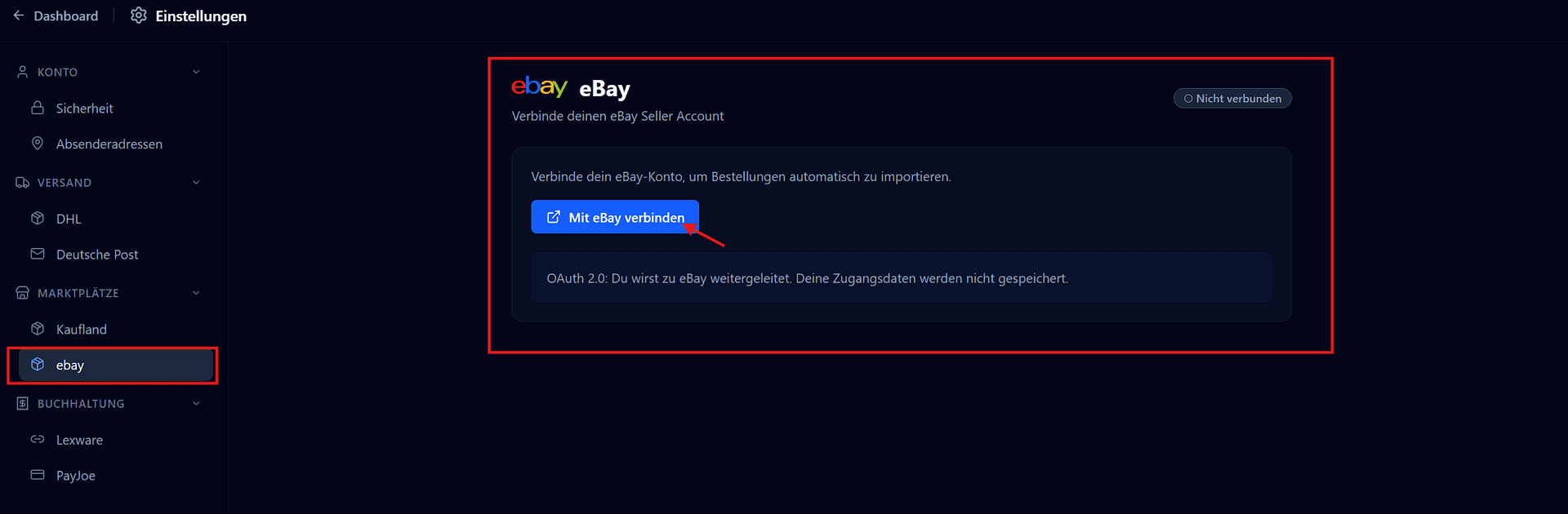 invice Einstellungen: eBay-Bereich mit 'Mit eBay verbinden'-Button