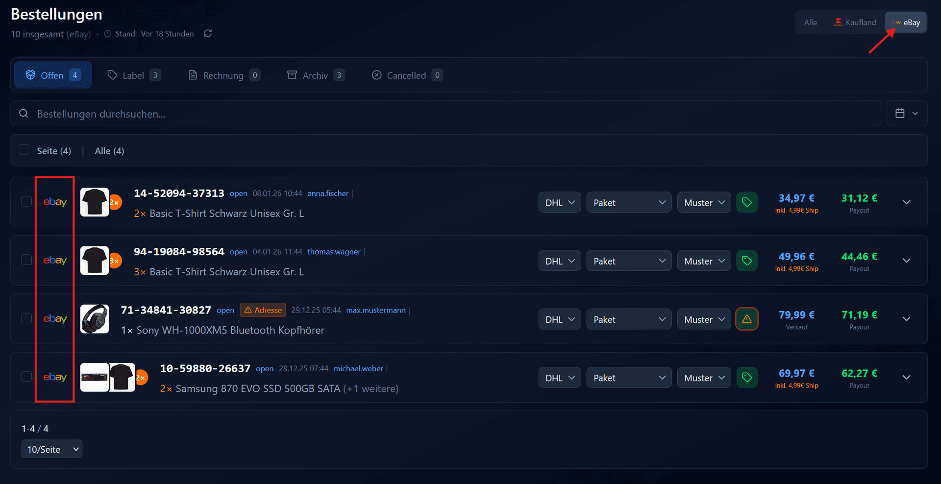 Dashboard mit eBay-Filter aktiviert, eBay-Bestellungen in der Liste