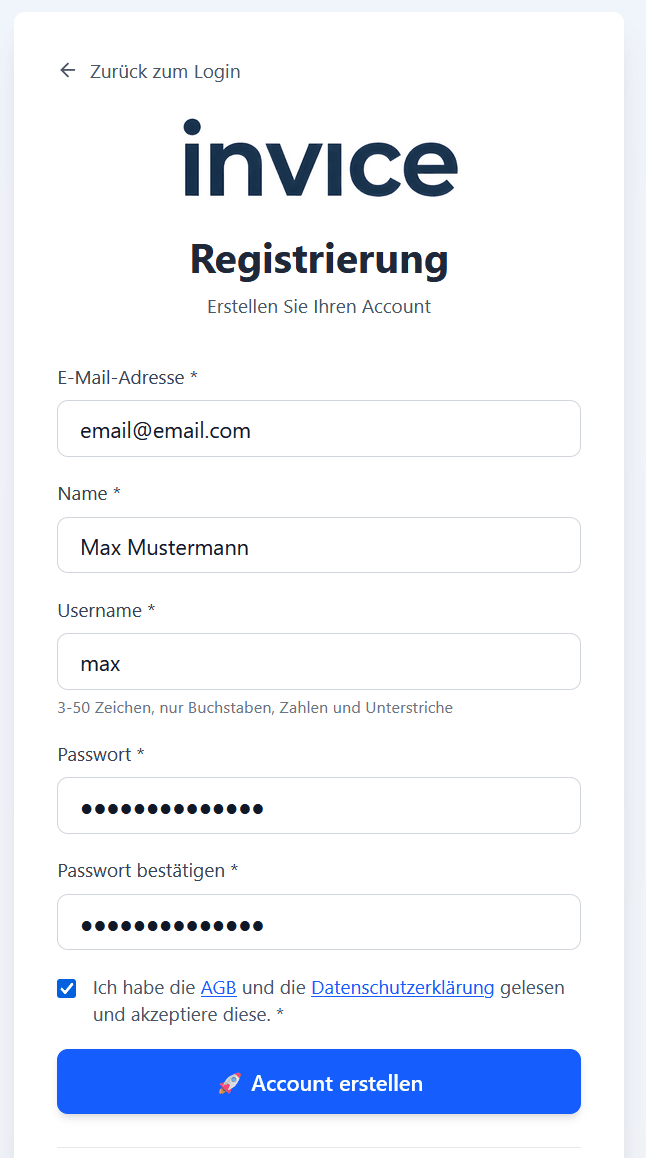 Registrierungsseite mit ausgefülltem Formular (Benutzername, E-Mail, Passwort)