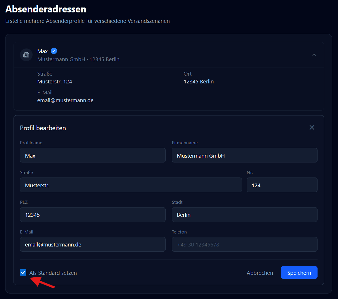 Absenderadresse-Formular mit allen Feldern ausgefüllt