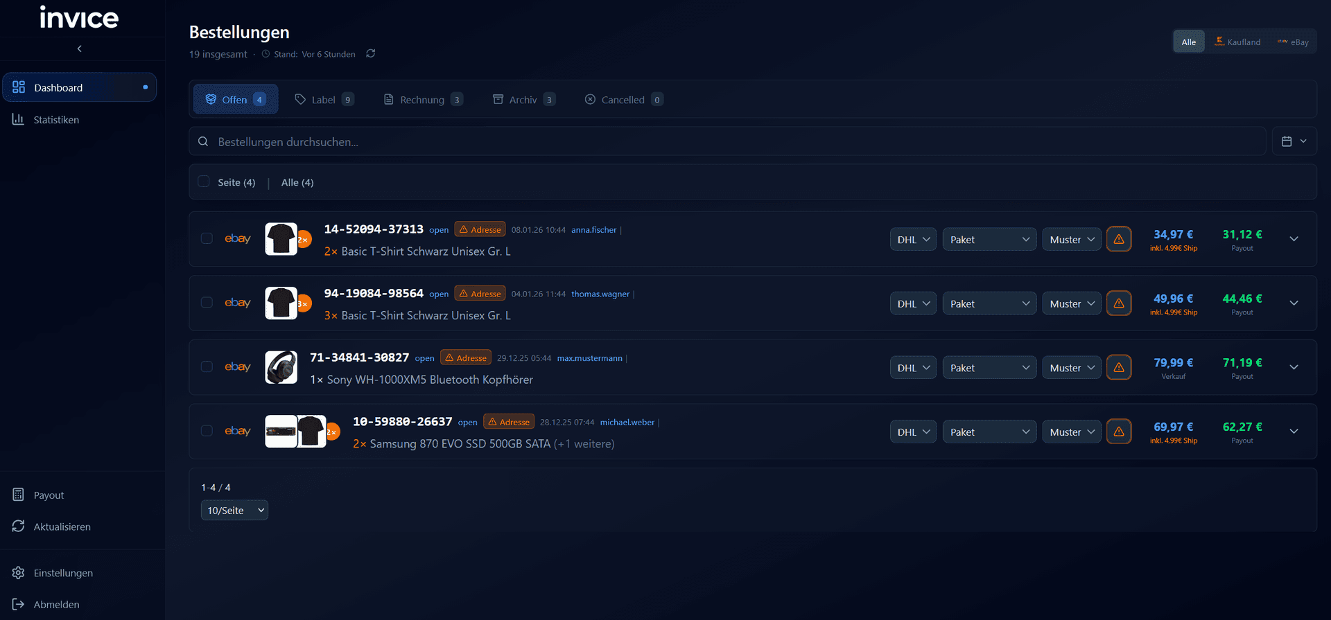 Dashboard mit Bestellungen im Offen-Tab, eine Bestellung ist ausgewählt