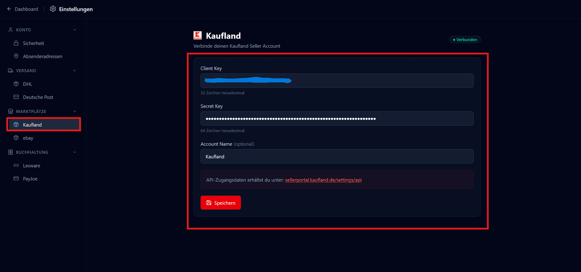 invice Einstellungen: Kaufland-Bereich mit Client Key und Secret Key Feldern