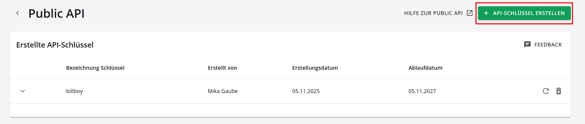 API-Key Page mit Erstellen Button