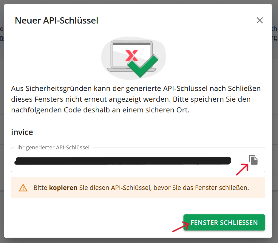 Generierter API-Key angezeigt mit Kopieren-Button