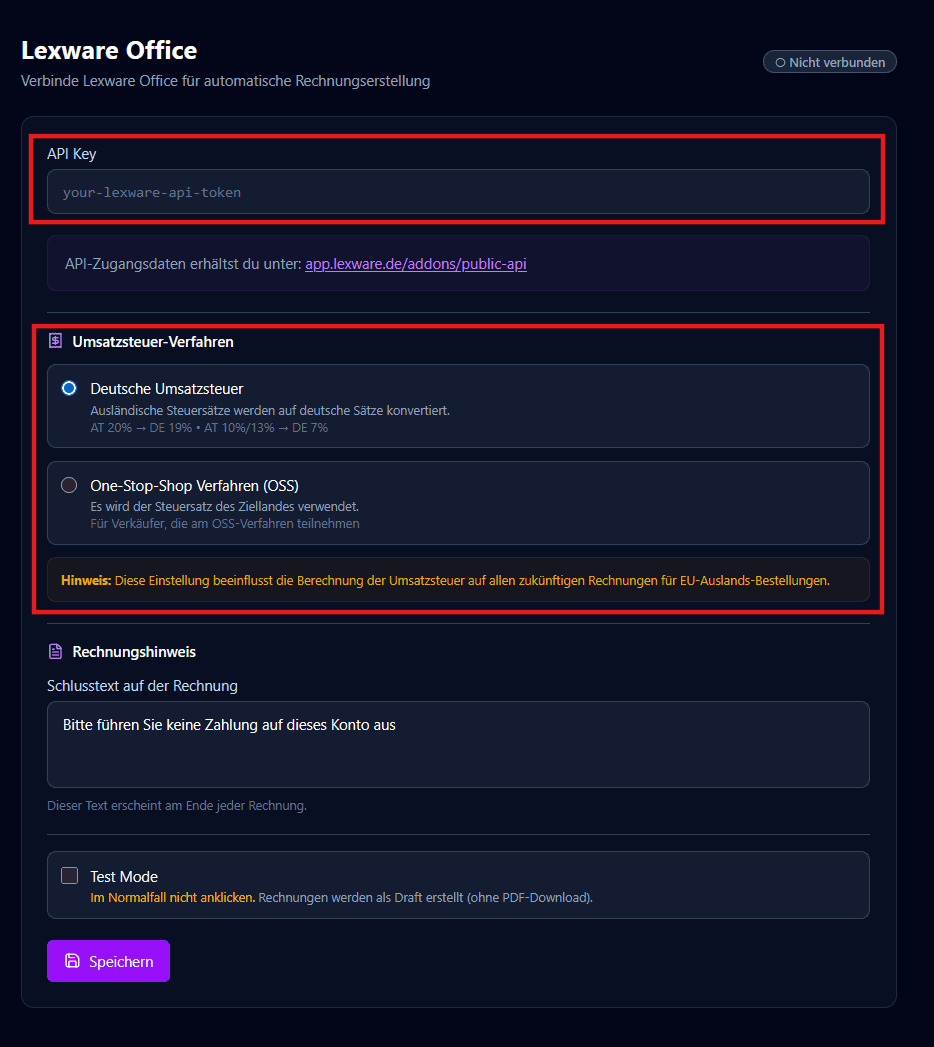 invice Einstellungen: Lexware-Bereich mit API-Key Feld