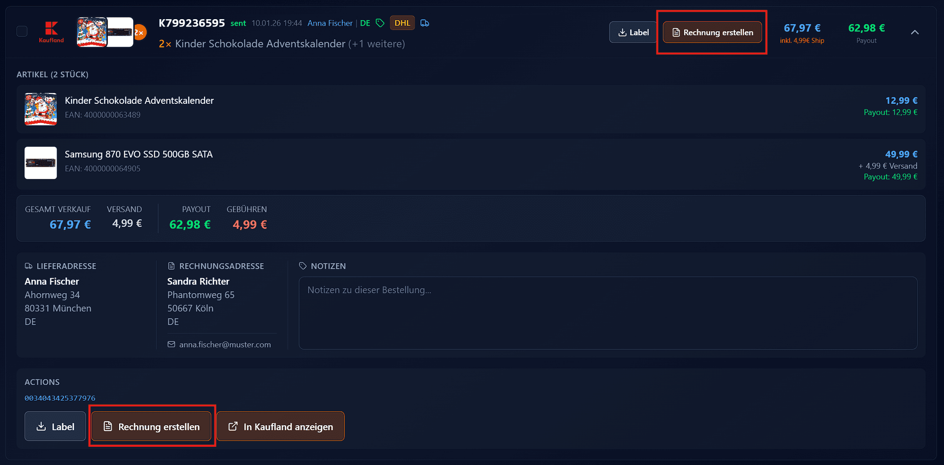 Tab 'Rechnung' mit Bestellung, 'Rechnung erstellen'-Button in Bestellkarte