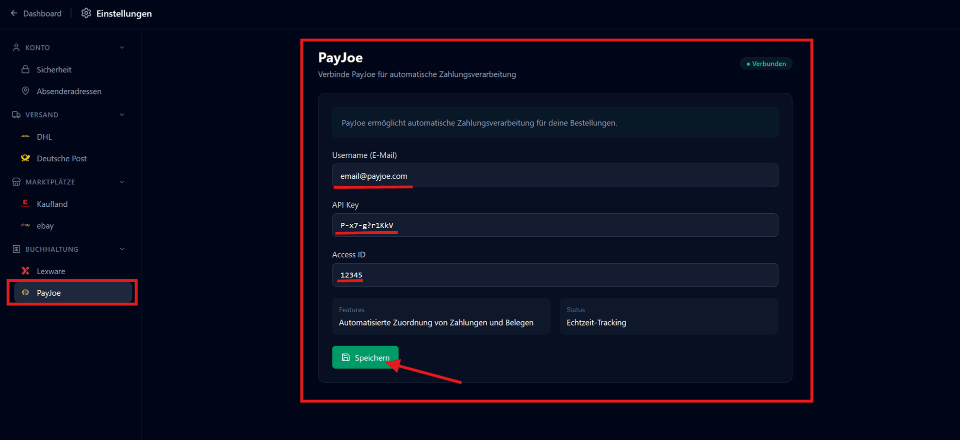 invice Einstellungen - PayJoe Zugangsdaten eingeben
