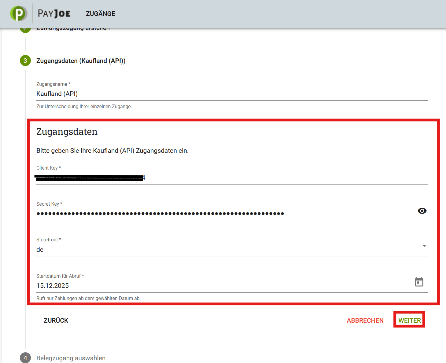 PayJoe - API (Belege) auswählen