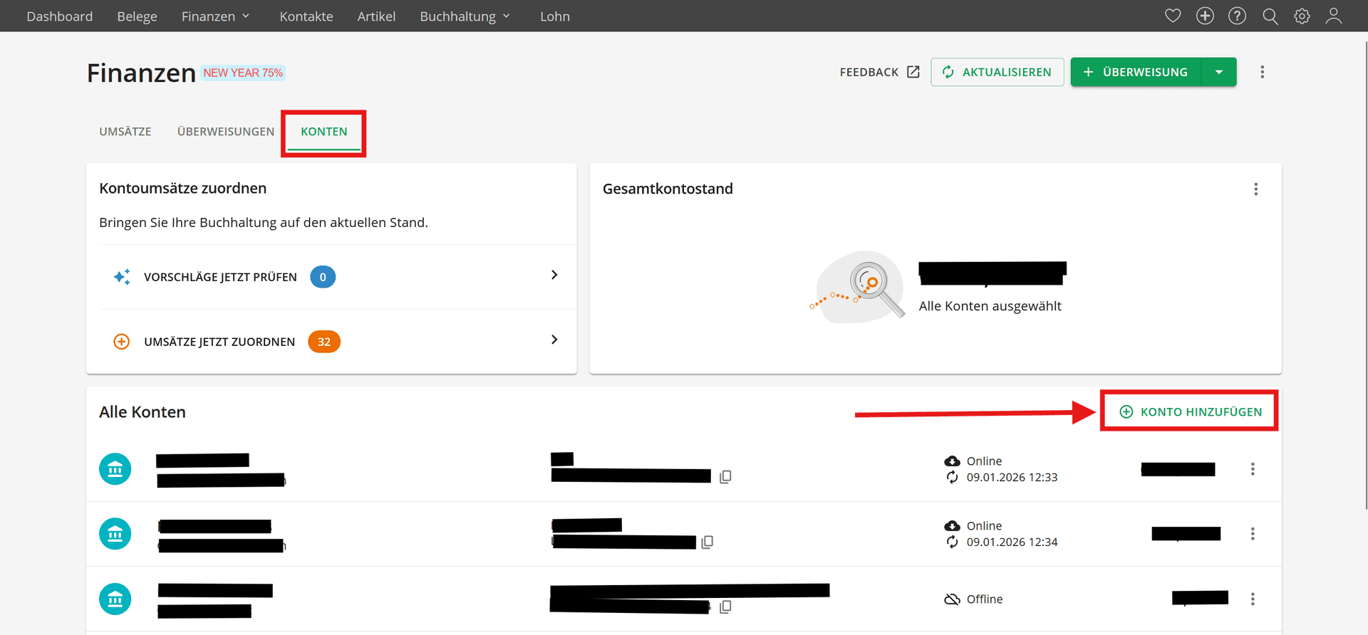 Lexware - Konto hinzufügen Button