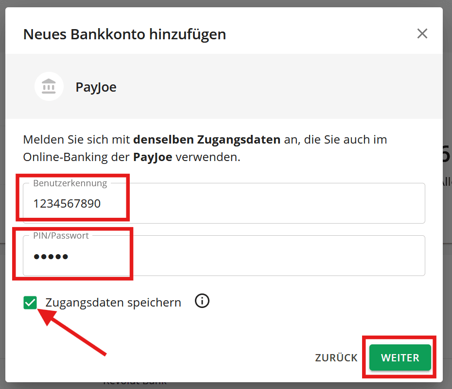 Lexware - PayJoe Zugangsdaten eingeben