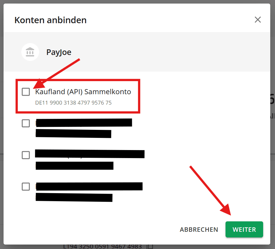 Lexware - PayJoe Zahlungskonto auswählen