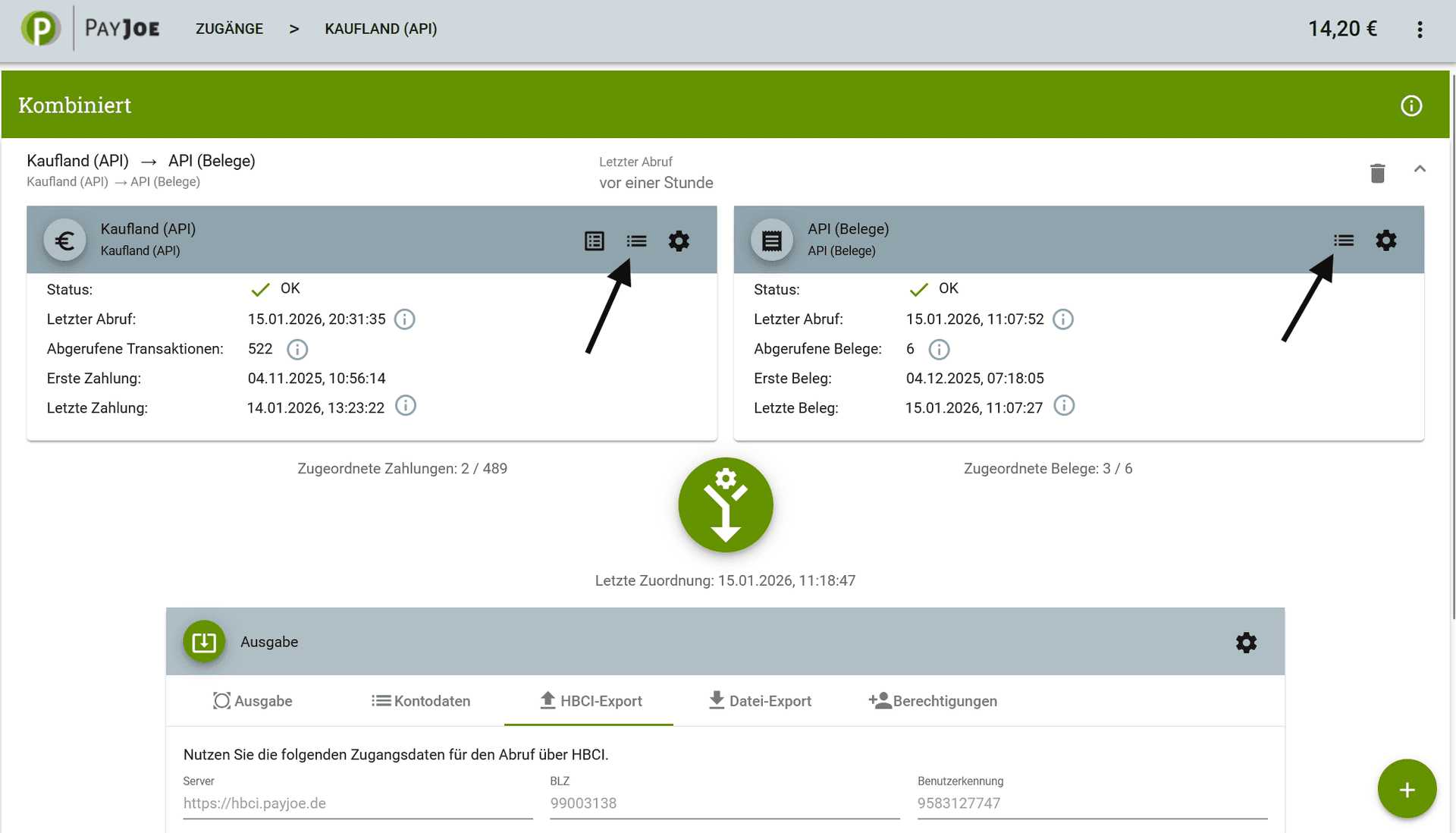 PayJoe - Belege-Übersicht mit Status